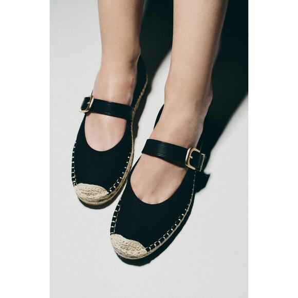 ZARA Black Espadrille Mary Janes Size 10 NWT Buckle Flats Summer It Girl Style - Picture 1 of 11